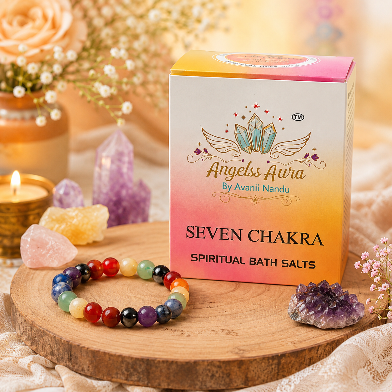 Seven Chakra Bracelet + Seven Chakra Bath Salt for Energy Balance & Aura Cleansing