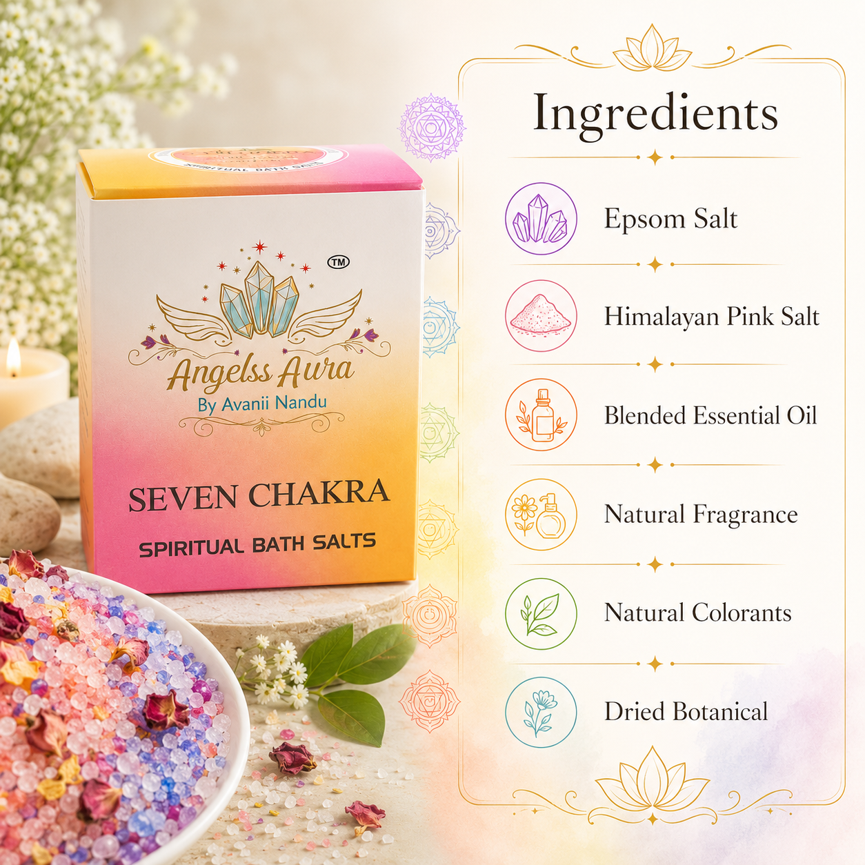 Seven Chakra Spiritual Bath Salt for Energy Balance, Aura Cleansing & Alignment